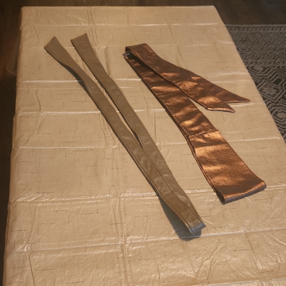 Vintage Metallic Bronze and Beige Leather Belt Set Of 2